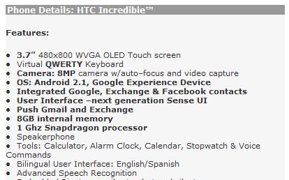 Verizon Droid Incredible specs sheet