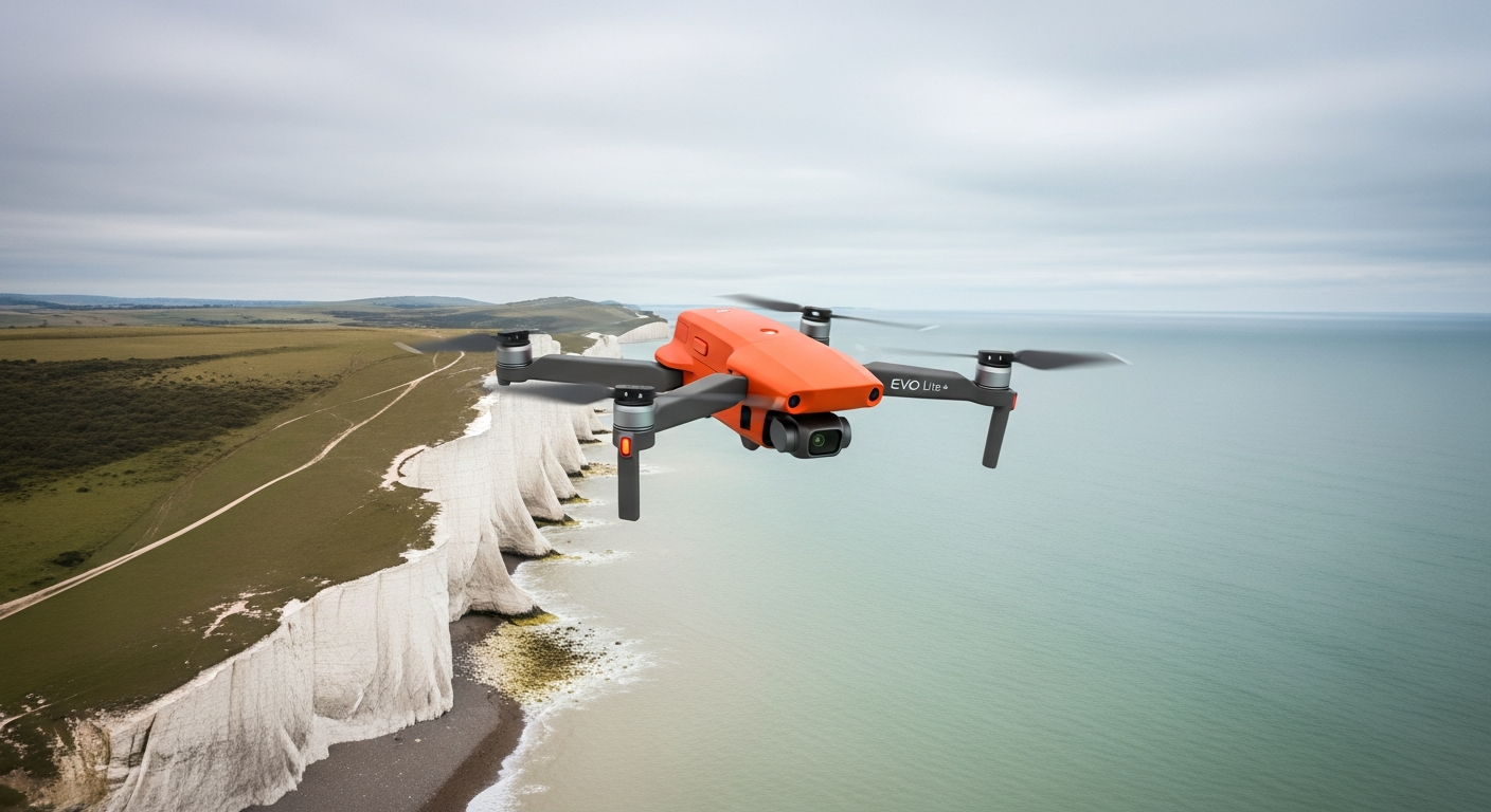 Autel EVO Lite+ drone in orange mid-flight over UK coastal landscape