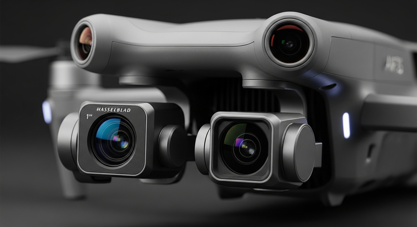 DJI Air 3S dual camera close-up showing Hasselblad 1-inch and 70mm telephoto lenses