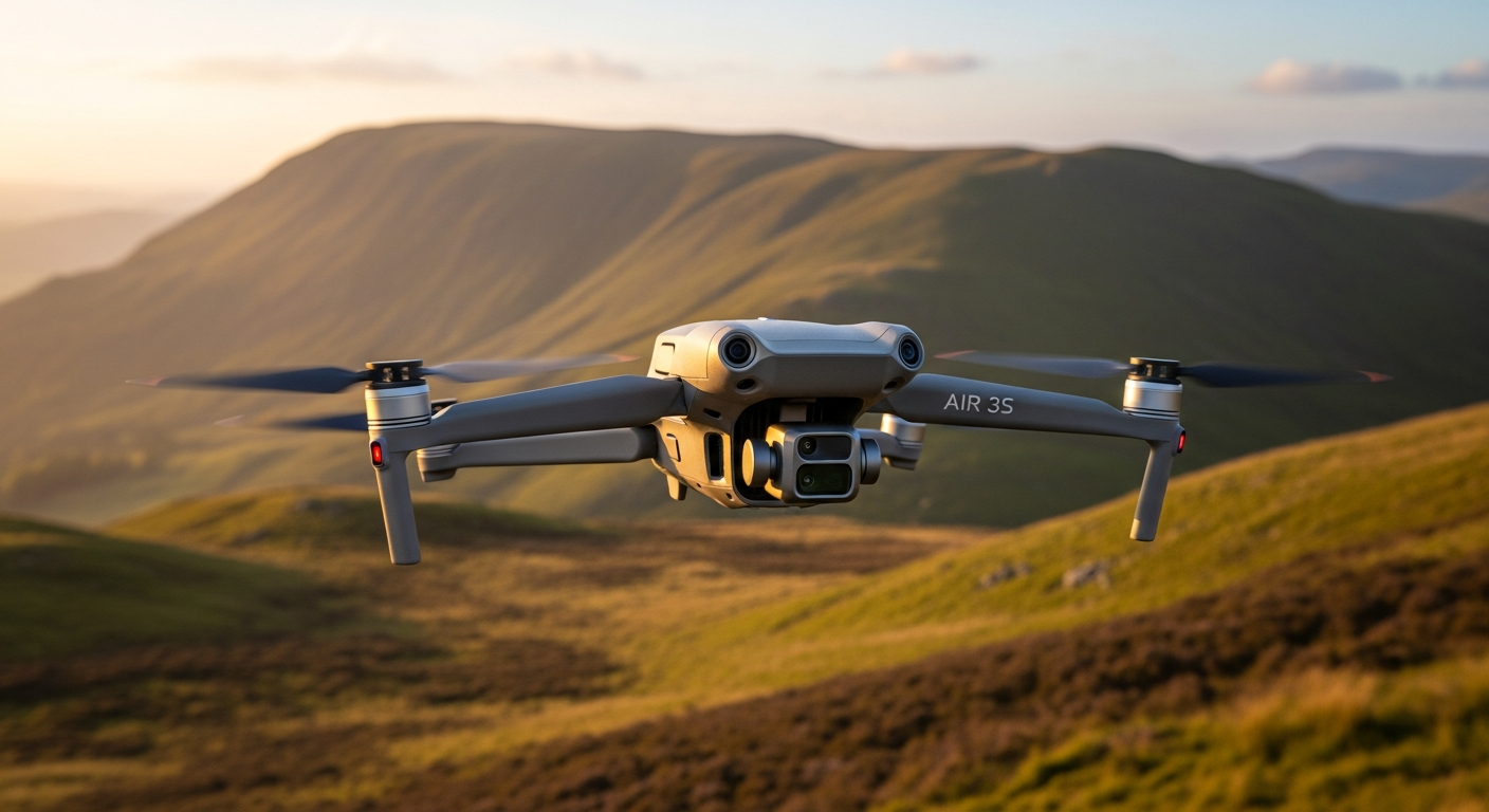 DJI Air 3S drone hovering over Lake District hills UK at golden hour