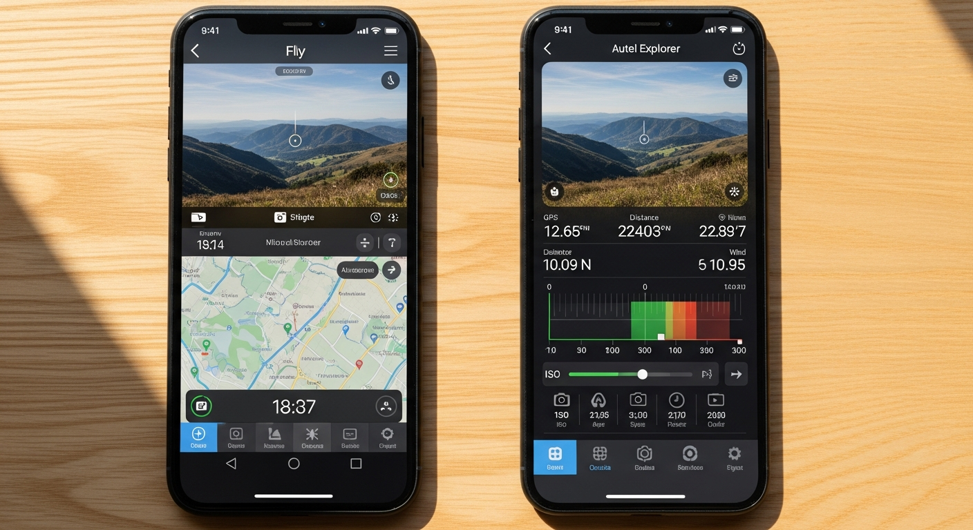 DJI Fly app and Autel Explorer app screenshots side by side showing flight telemetry