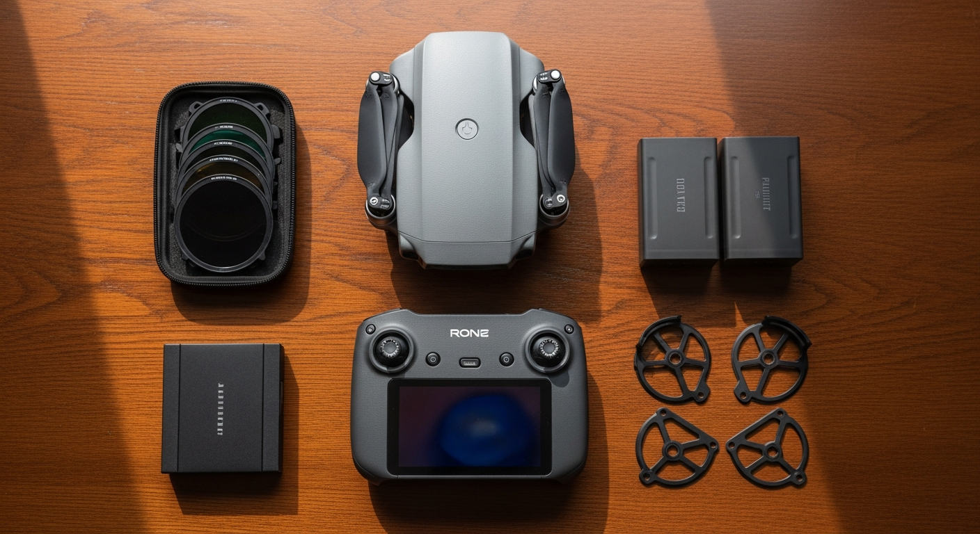 Drone accessories flat lay including ND filters batteries and controller for UK buyers