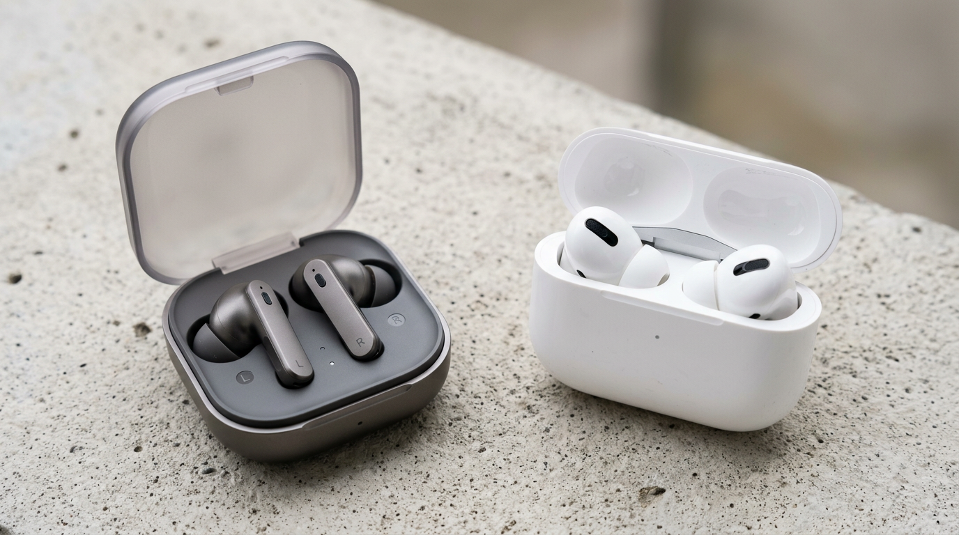 Samsung Galaxy Buds4 Pro and Apple AirPods Pro 3 in their open charging cases side by side on a concrete surface