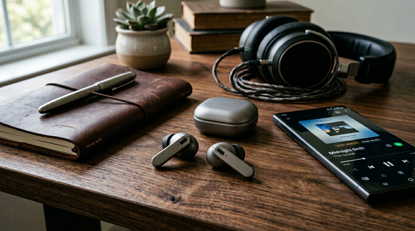 Samsung Galaxy Buds4 Pro on a wooden desk next to a smartphone displaying a 24-bit / 96 kHz lossless music track