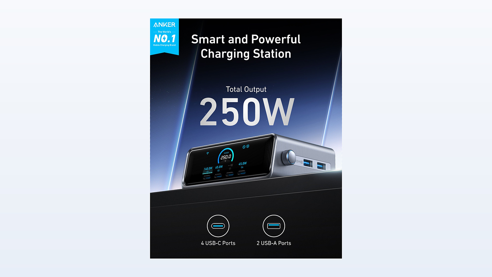 Anker Prime 250W official graphic showing 250W total output and six ports