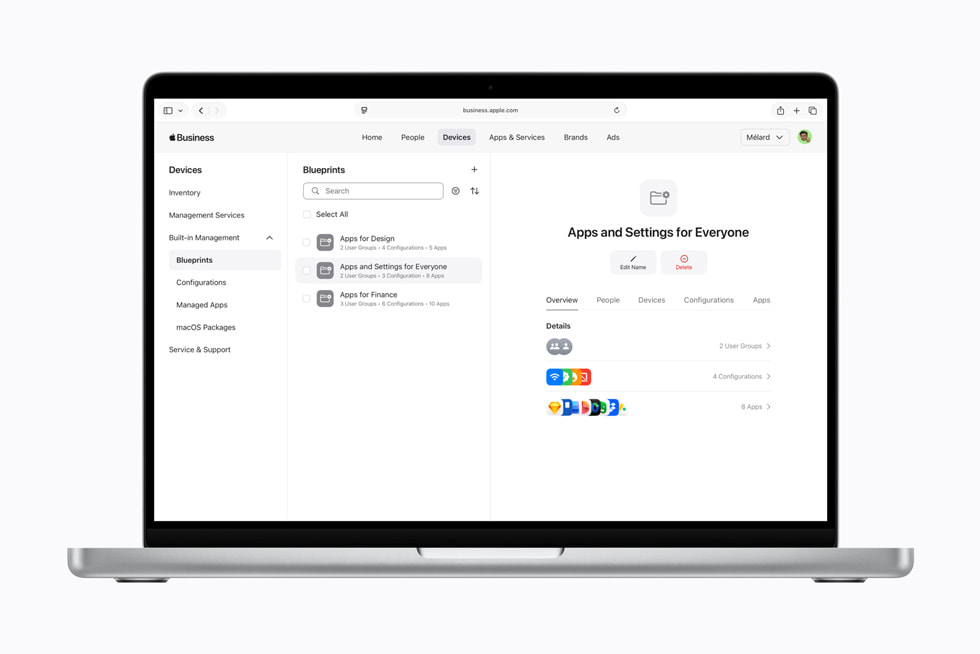 Apple Business Blueprints feature showing automated device configuration templates
