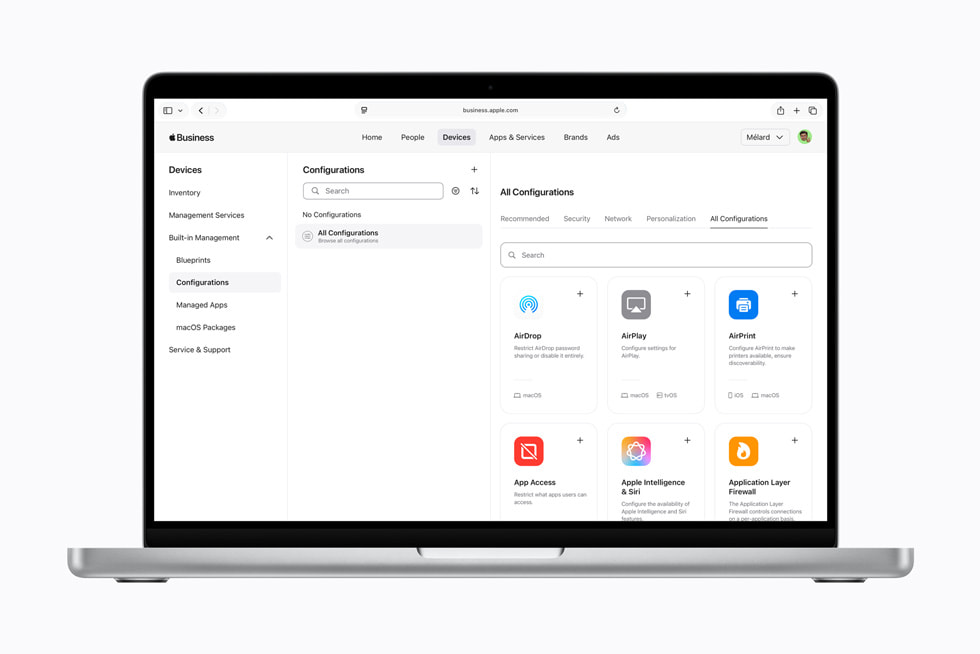 Comparison diagram showing Apple Business platform versus Google Workspace and Microsoft Intune