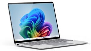 Microsoft Surface 2026 OLED laptop official press render in platinum on a clean white background