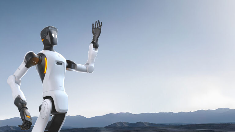 AGIBOT G2 humanoid robot official press render at three-quarter angle with chest branding