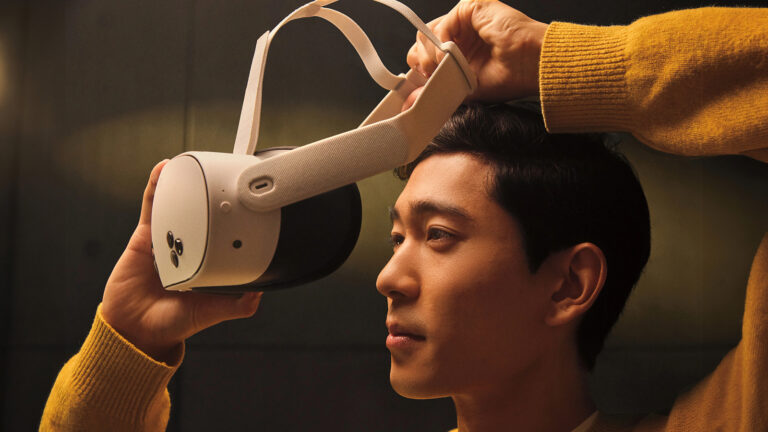 Meta Quest 3S VR headset official product render in white with touch-plus controllers
