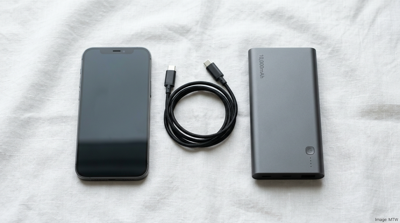 Big battery phone next to a portable power bank