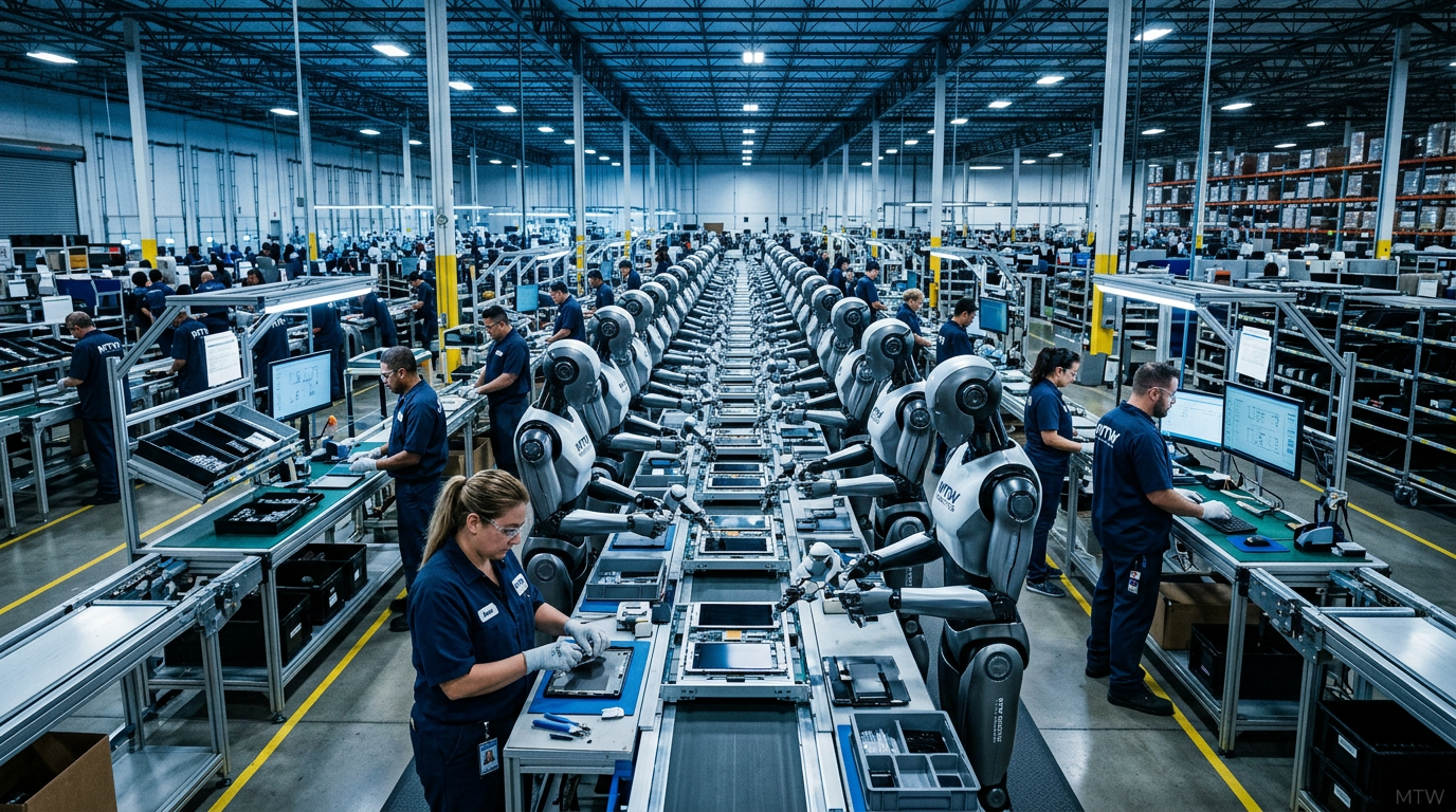 Editorial photo of AGIBOT G2 humanoid robots at work on a factory line