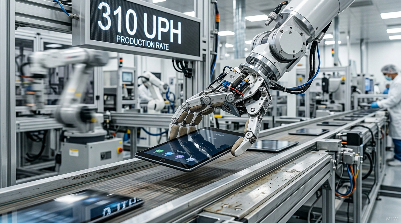 Editorial close-up of a humanoid robot gripper handling a part