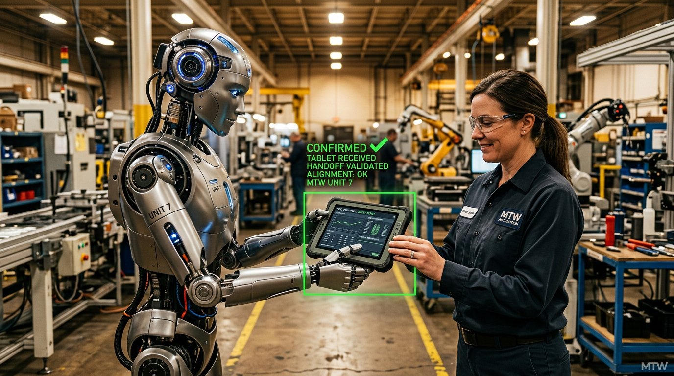 Editorial image of a humanoid robot handing a part to a factory worker