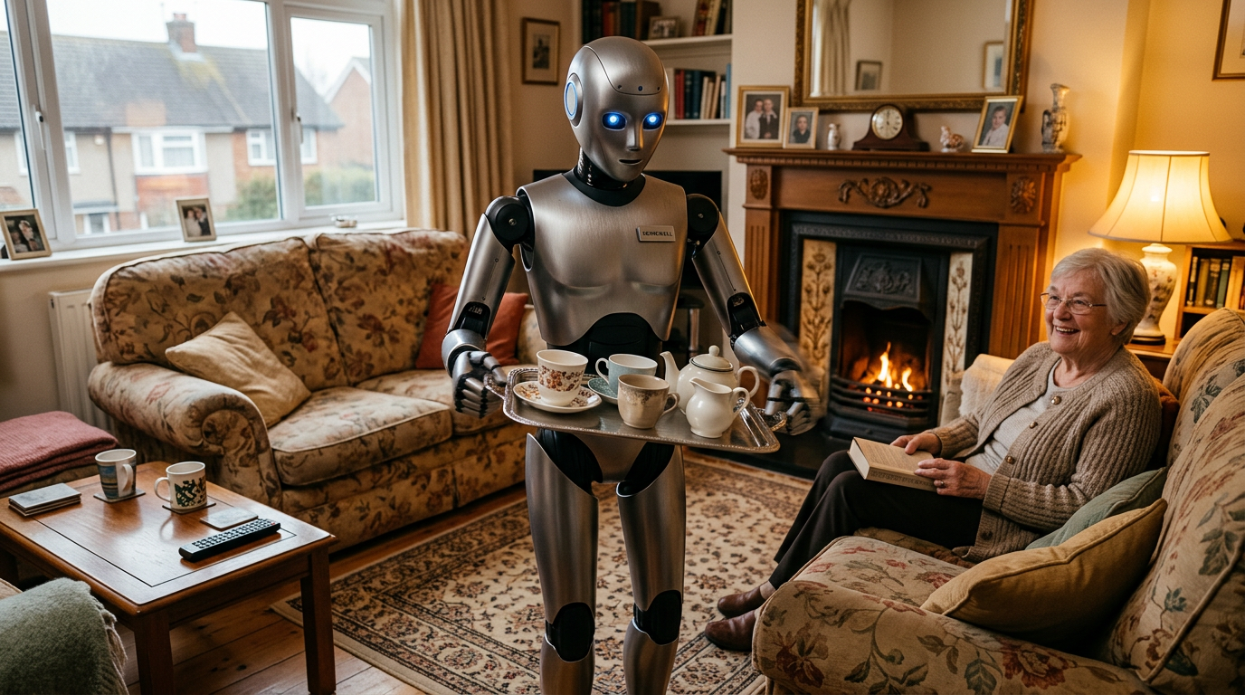 Humanoid AI butler robot awkwardly carrying a tea tray in a UK living room next to an older woman in an armchair
