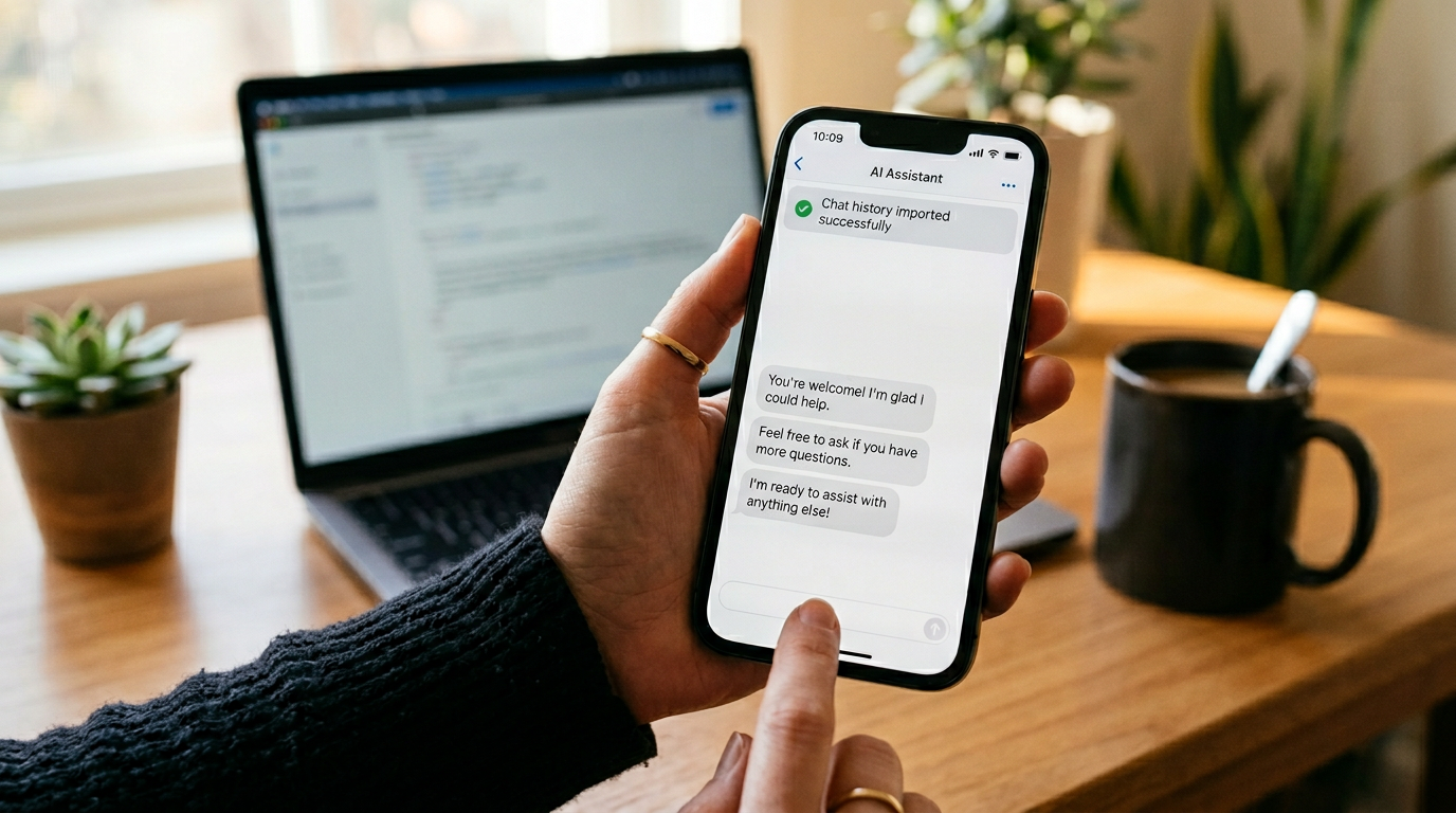 Hand holding a smartphone displaying an AI assistant interface with a 'chat history imported' banner
