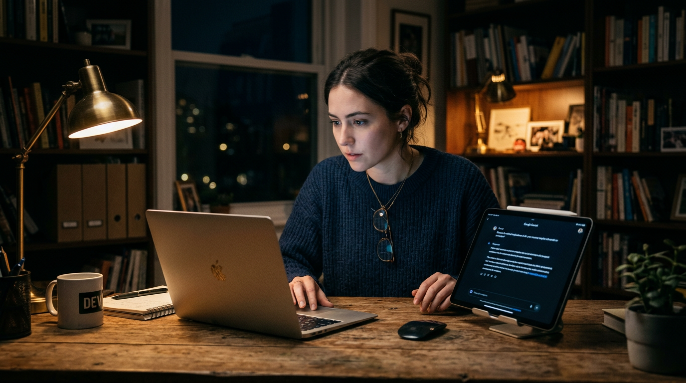 Woman comparing two AI chatbot responses on a laptop and tablet in a dim home office at night