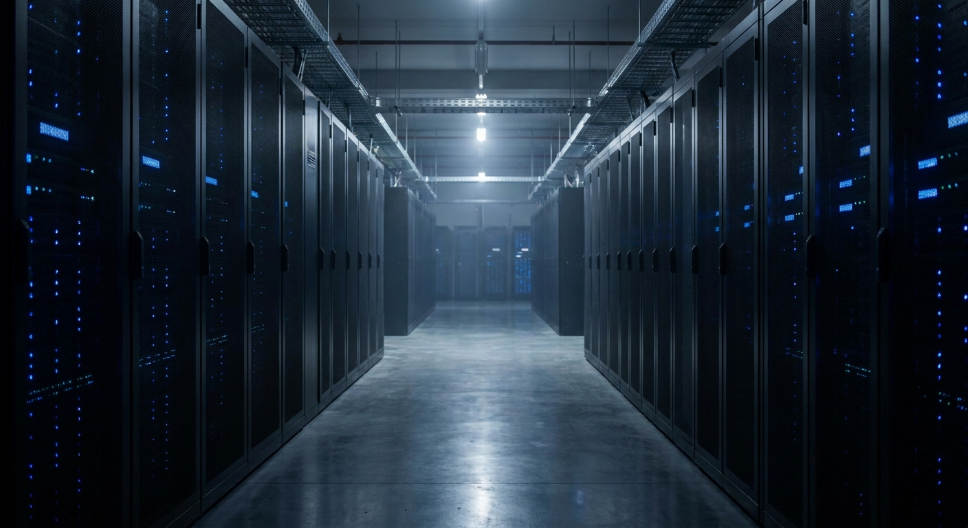 AI data centre racks lit blue and orange in a UK warehouse