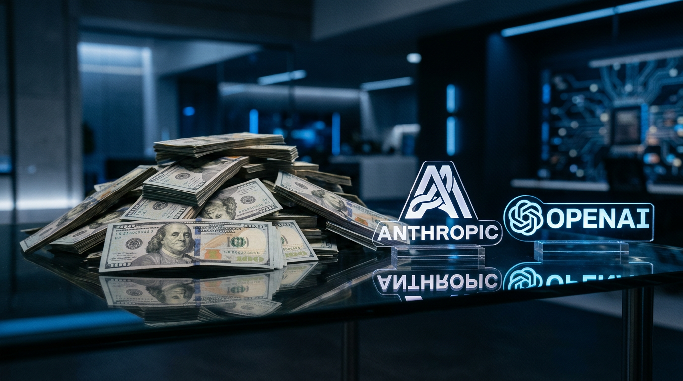 Pile of 100 dollar bills on a glass surface next to glowing Anthropic and OpenAI logos