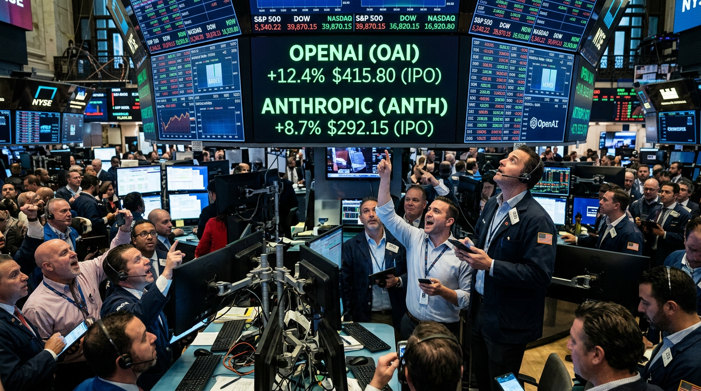 Wall Street trading floor with a large screen displaying OpenAI and Anthropic IPO tickers in green