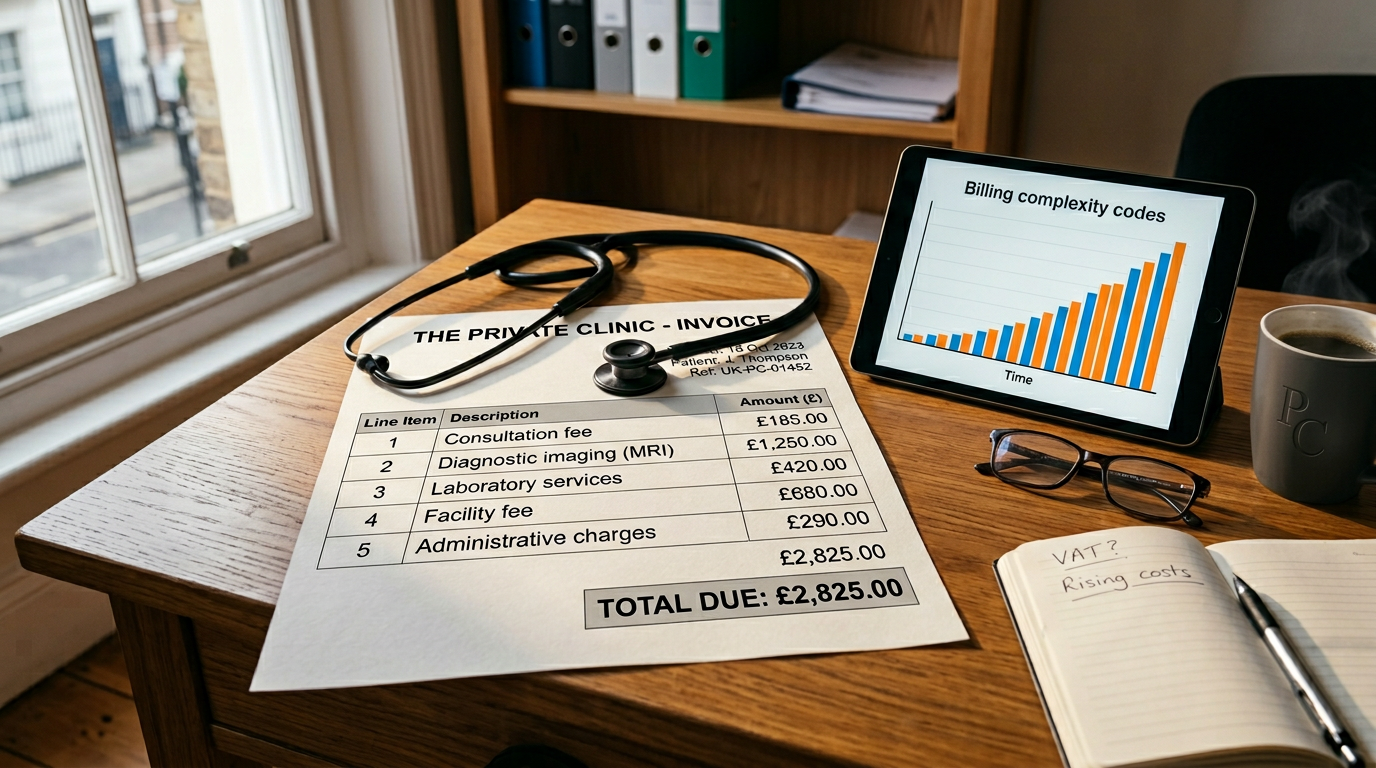 Hospital invoice with stethoscope and a tablet chart showing rising medical billing complexity codes