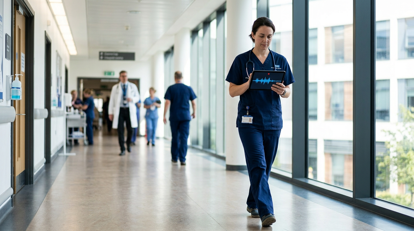 NHS clinician in navy scrubs walking down a hospital corridor while reviewing an audio waveform on a tablet