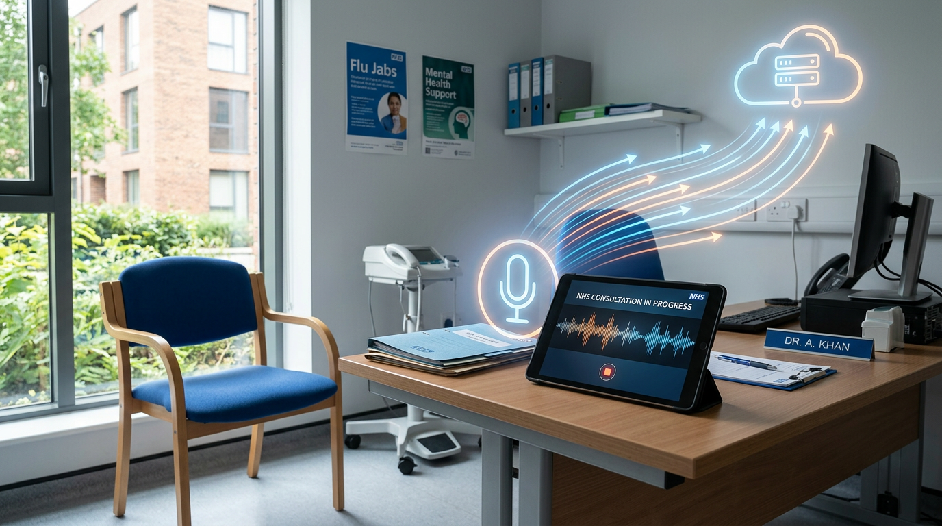 Tablet on an NHS GP consultation desk capturing audio with data flowing to the cloud