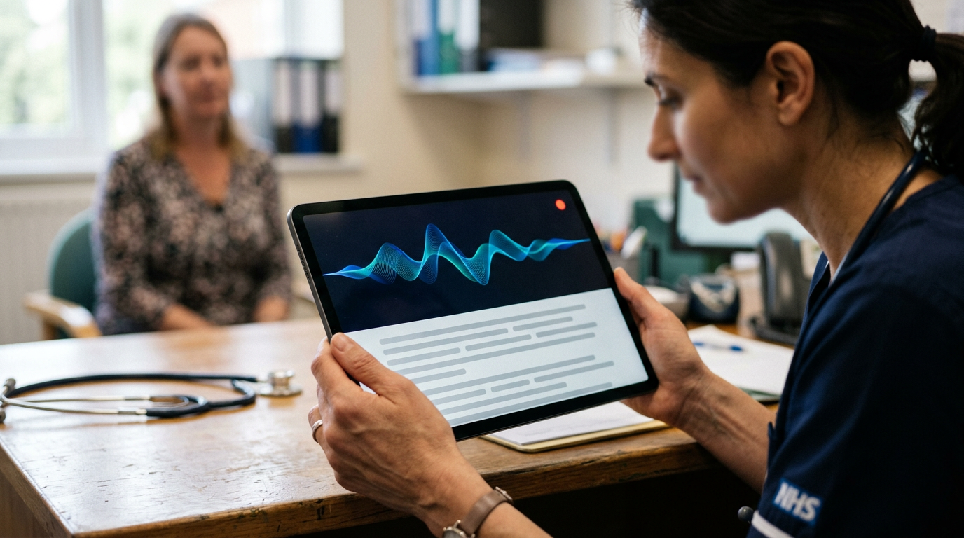 Doctor reviewing an AI-generated clinical note on a tablet during a UK consultation