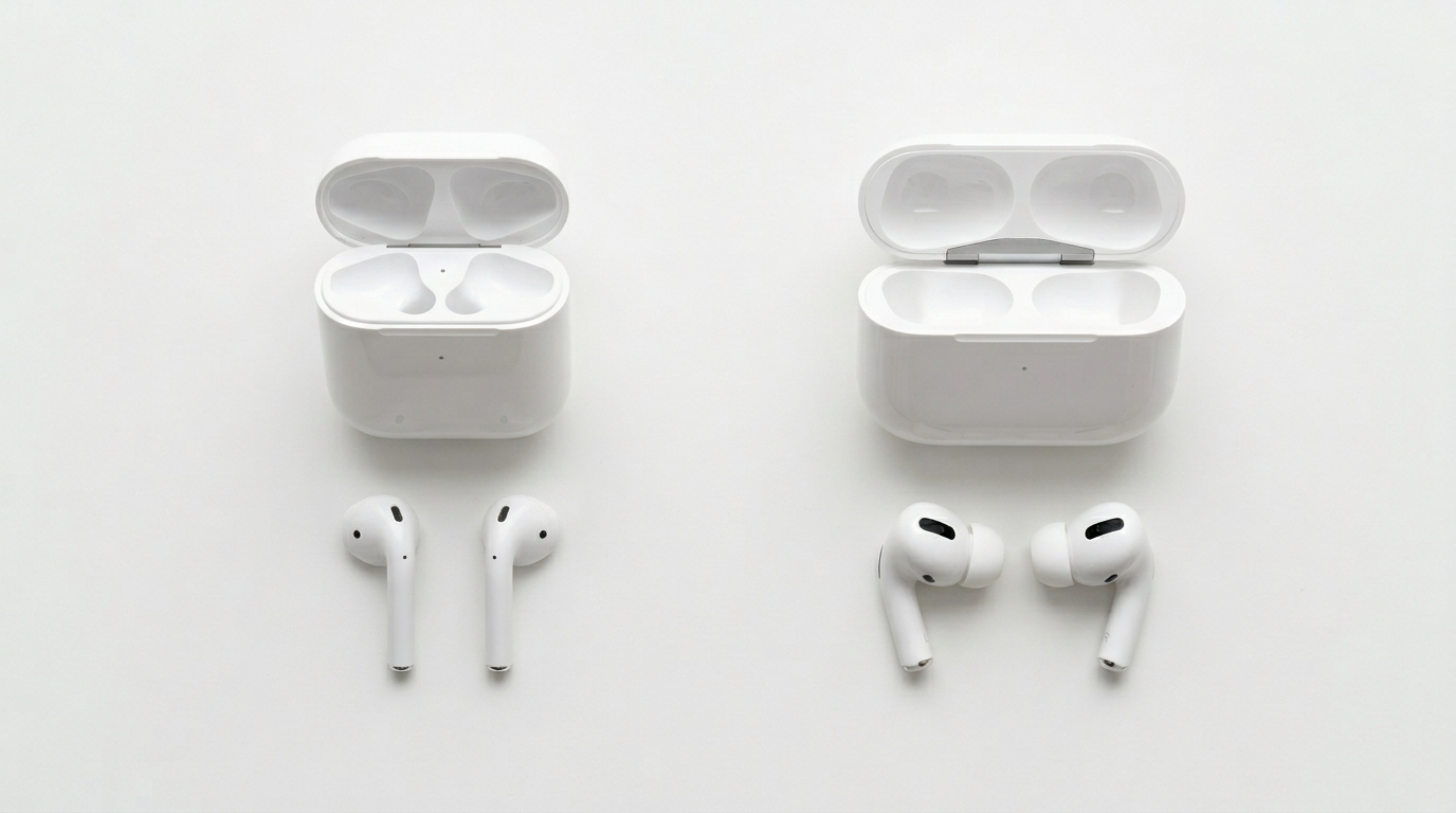 Apple AirPods 4 and AirPods Pro 3 with their charging cases laid out side by side on a white surface