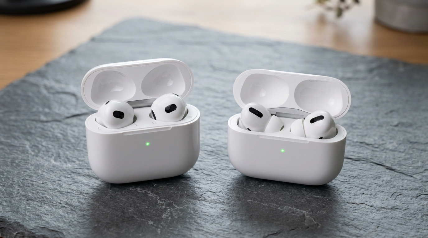 AirPods 4 and AirPods Pro 3 cases open side by side on a white marble surface with dramatic studio lighting