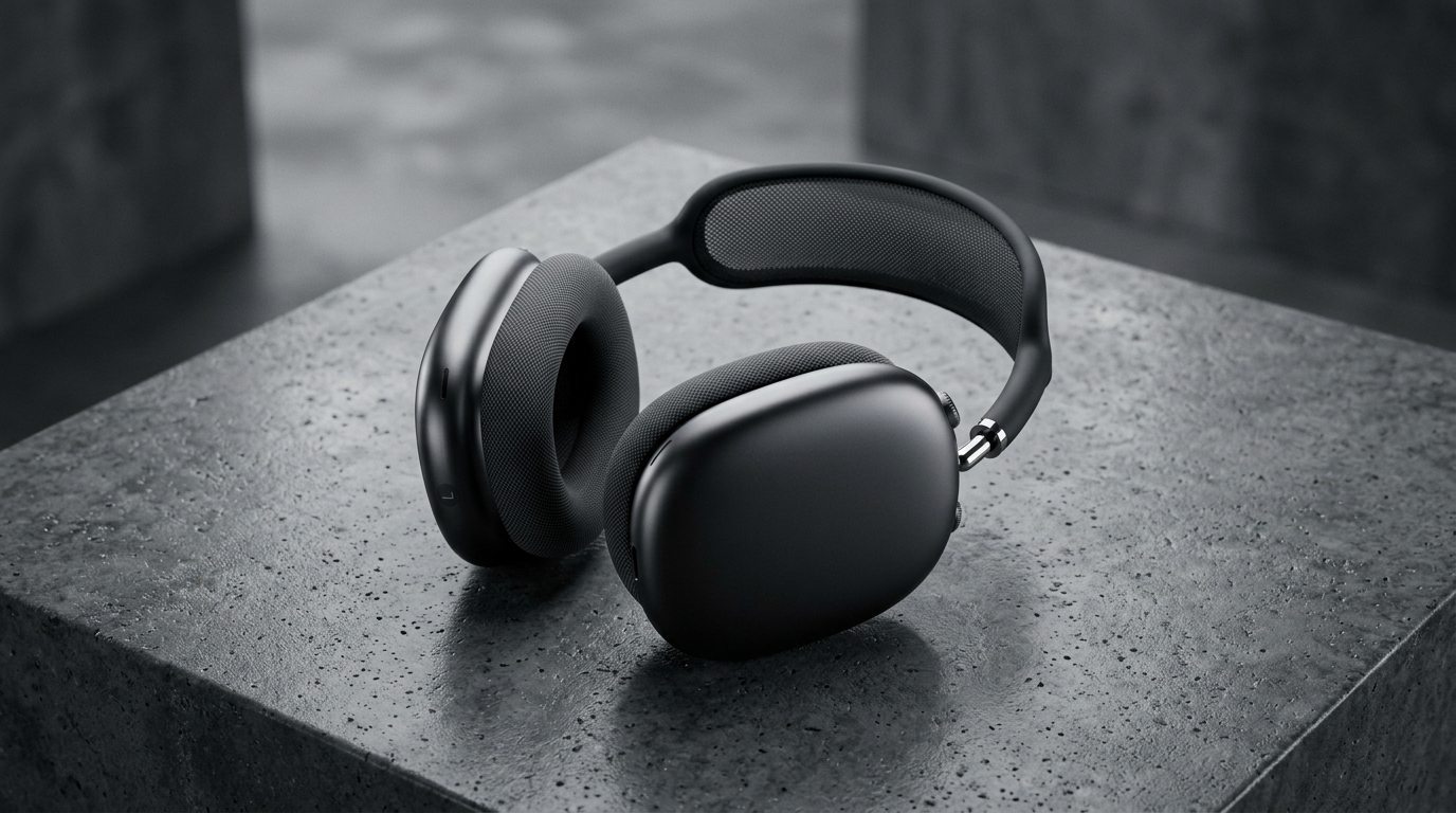 Apple AirPods Max 2 over-ear headphones in space black on a polished concrete surface in studio lighting