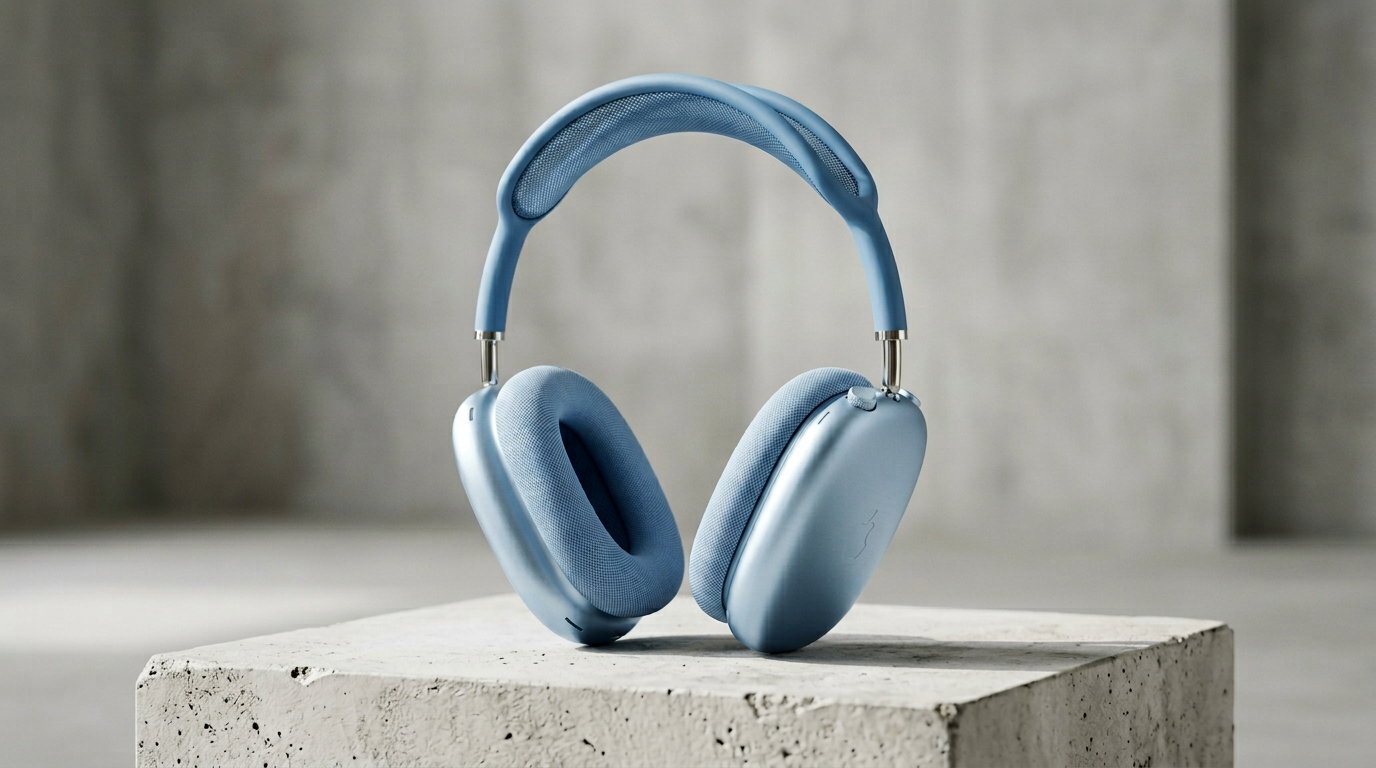 Apple AirPods Max headphones in sky blue colour standing upright on a light grey concrete display plinth