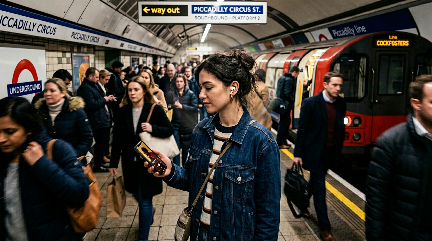 Young commuter wearing AirPods Pro 3 on the London Underground at rush hour reading a phone