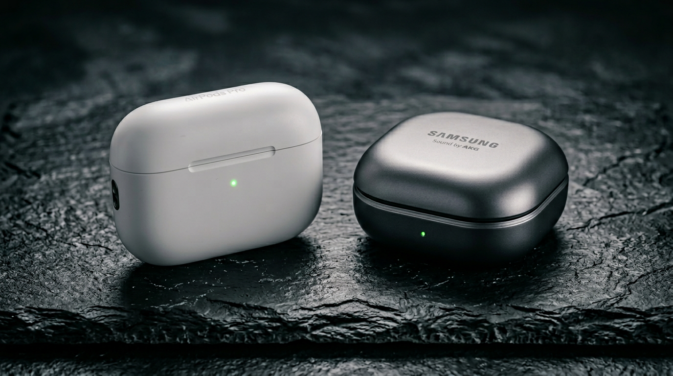 AirPods Pro 3 and Samsung Galaxy Buds 4 Pro wireless earbuds in their cases side by side on a slate surface in studio lighting