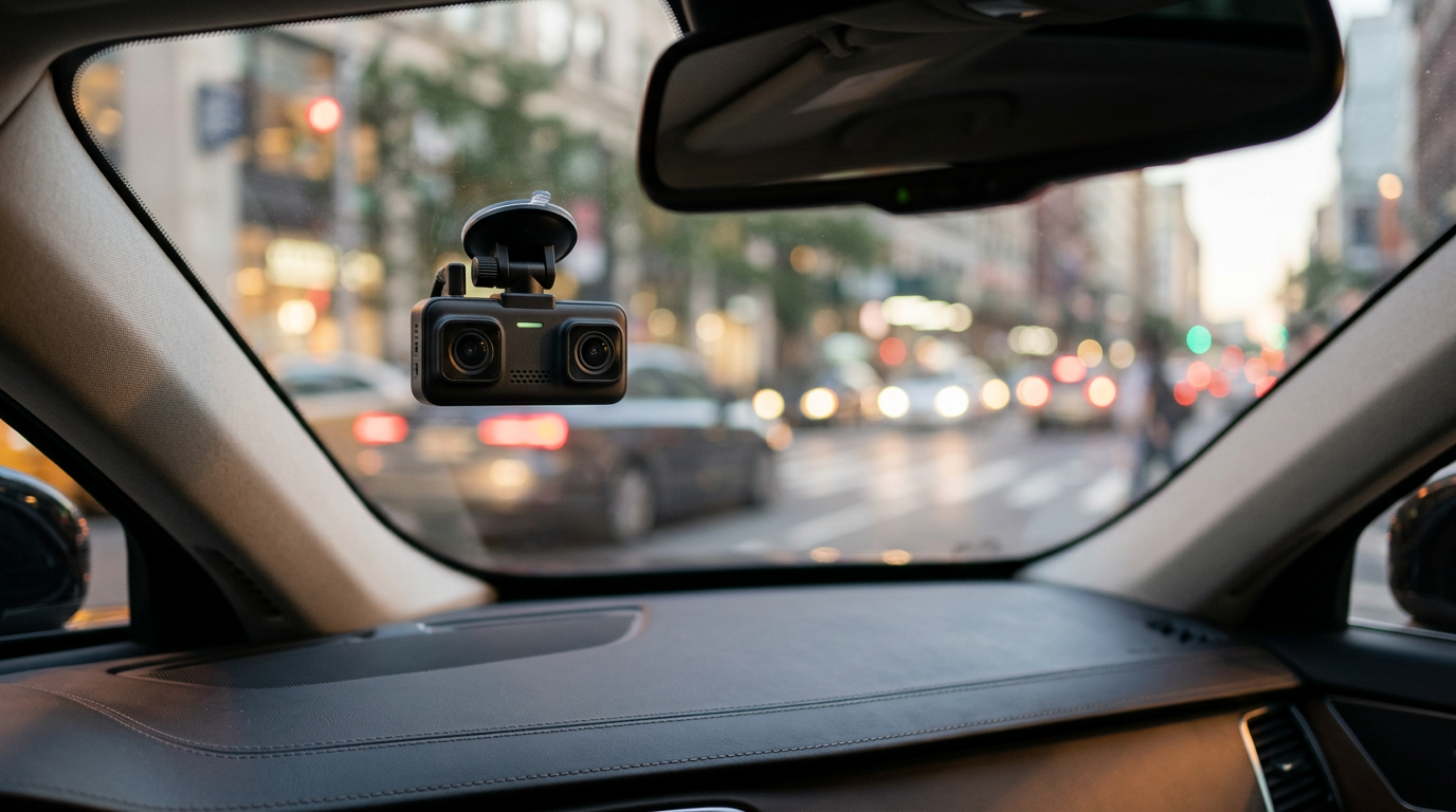 Editorial photo of a dashcam mounted on a car windshield