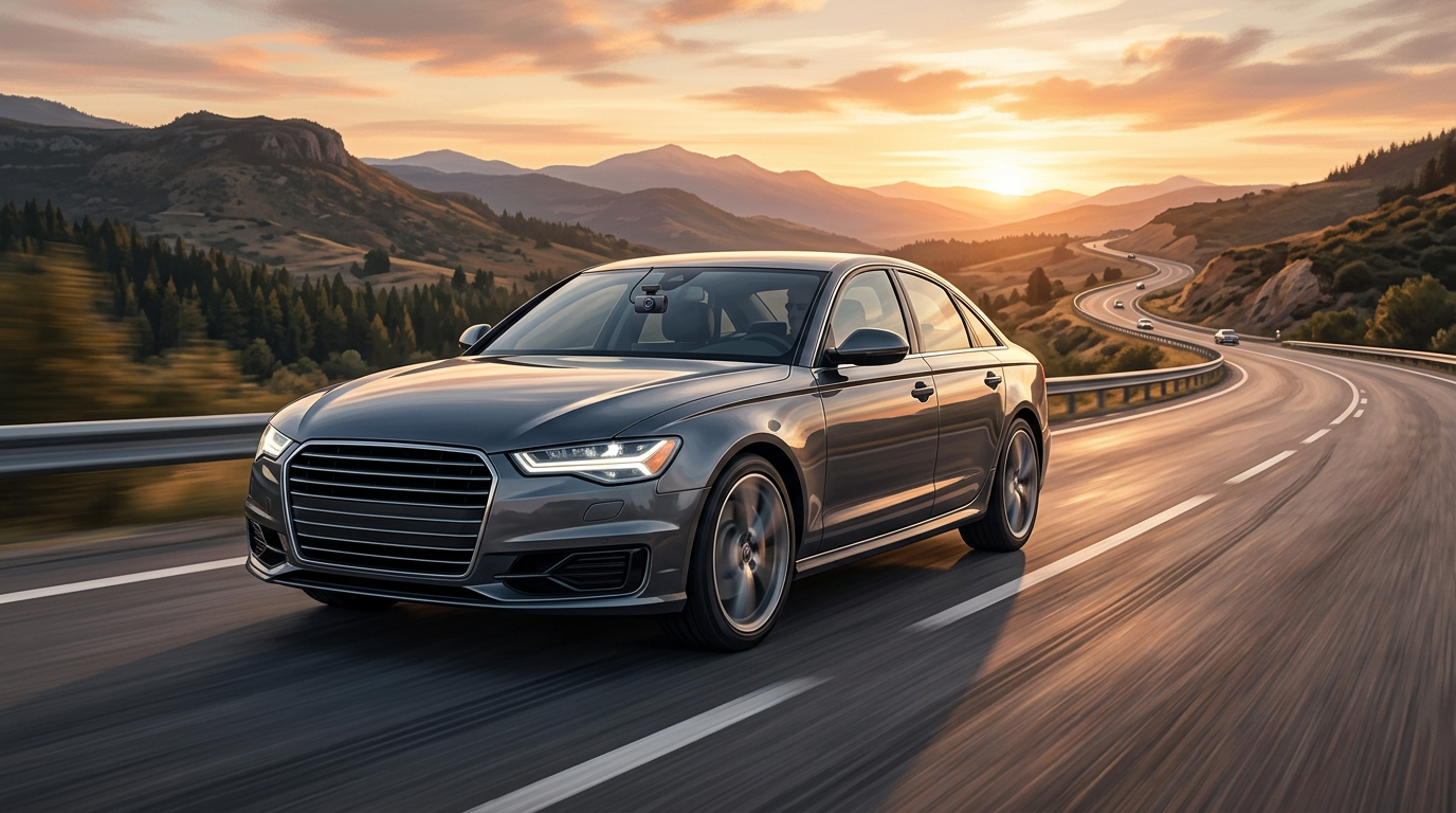 Editorial automotive photo of a sedan on a scenic highway