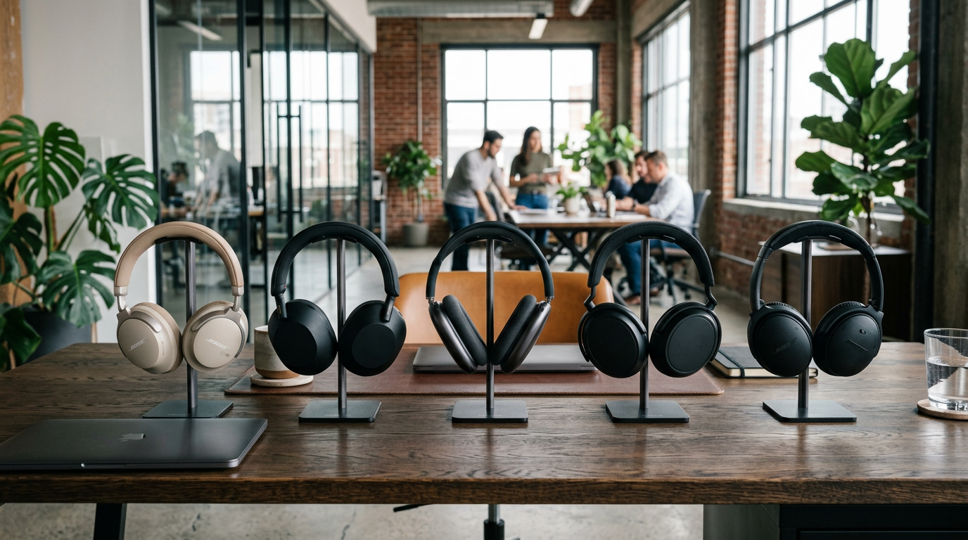 Lineup of premium noise cancelling over-ear headphones from Bose, Sony, Apple and Sennheiser on a dark wooden desk in a modern open-plan office