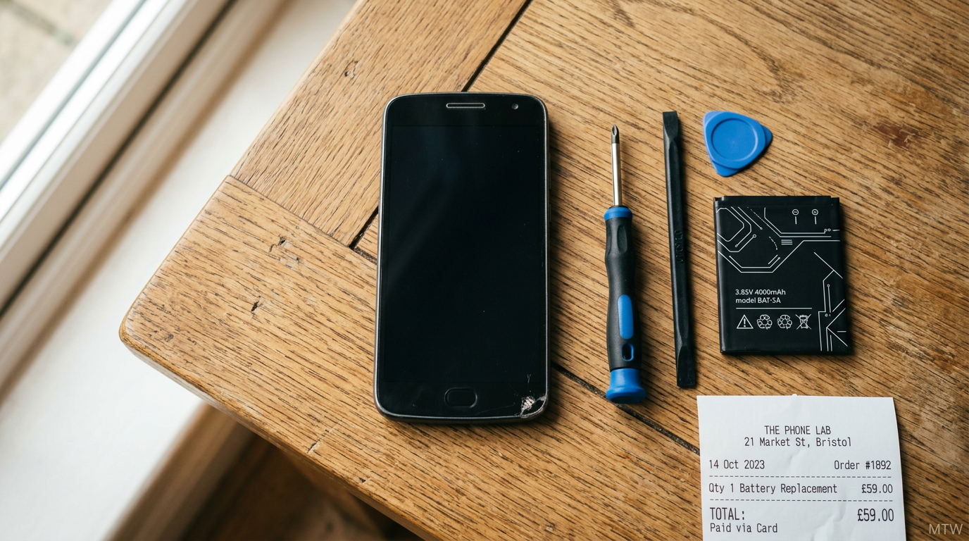 Android battery replacement kit on a UK desk