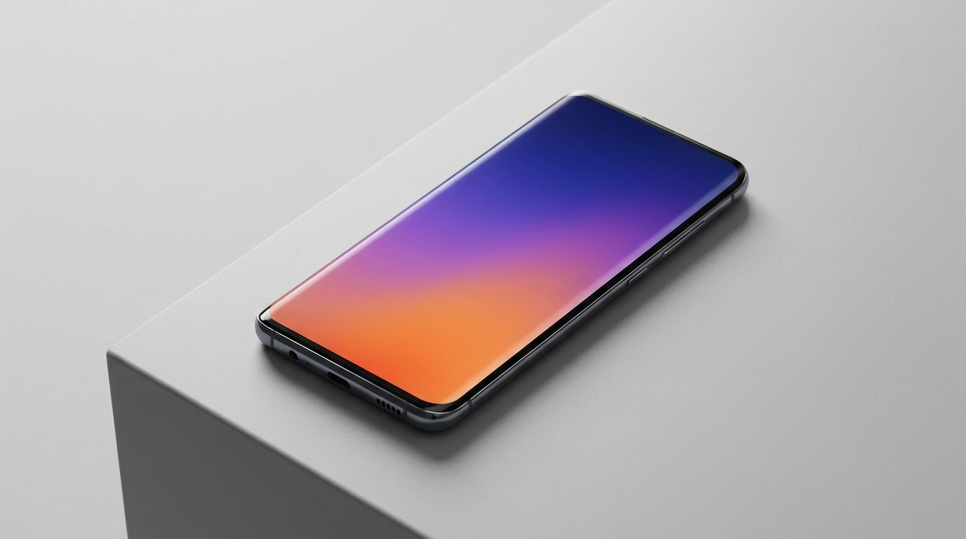 Modern Android-style phone showing a colourful abstract gradient pattern on its display, no UI text