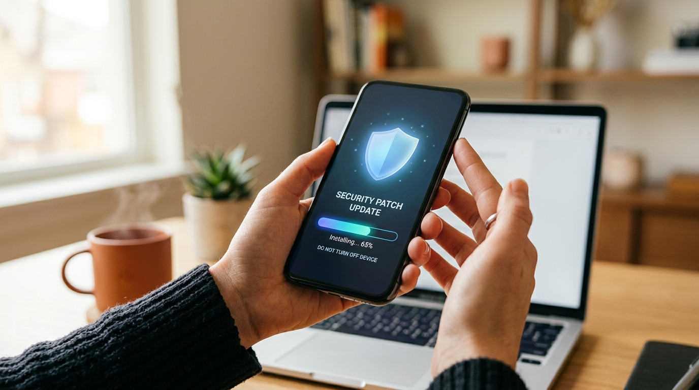Longer Android update security patch installing on a smartphone editorial photo