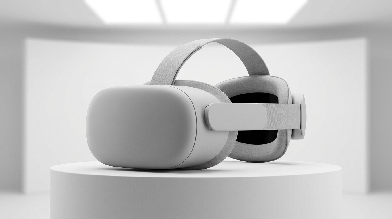 Concept mixed reality headset in matte light grey on a clean white pedestal in a minimalist studio