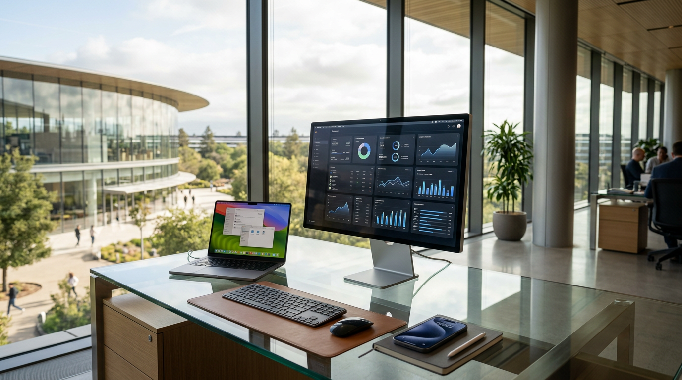 Apple Business style enterprise workspace with iPhone, MacBook Pro and Studio Display dashboards