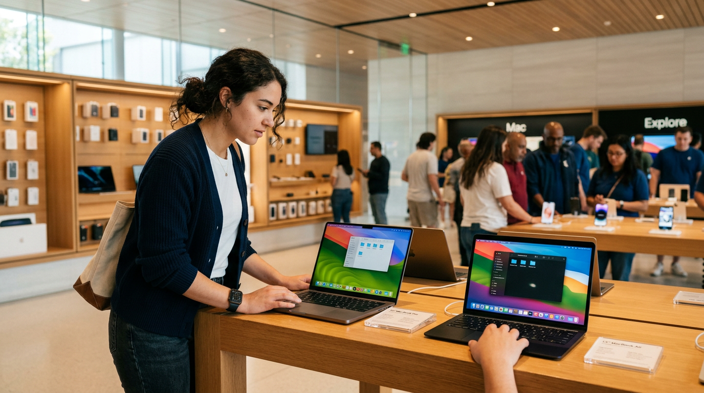 Customer in a UK Apple Store comparing two MacBook laptops on the demo table with bright store lighting