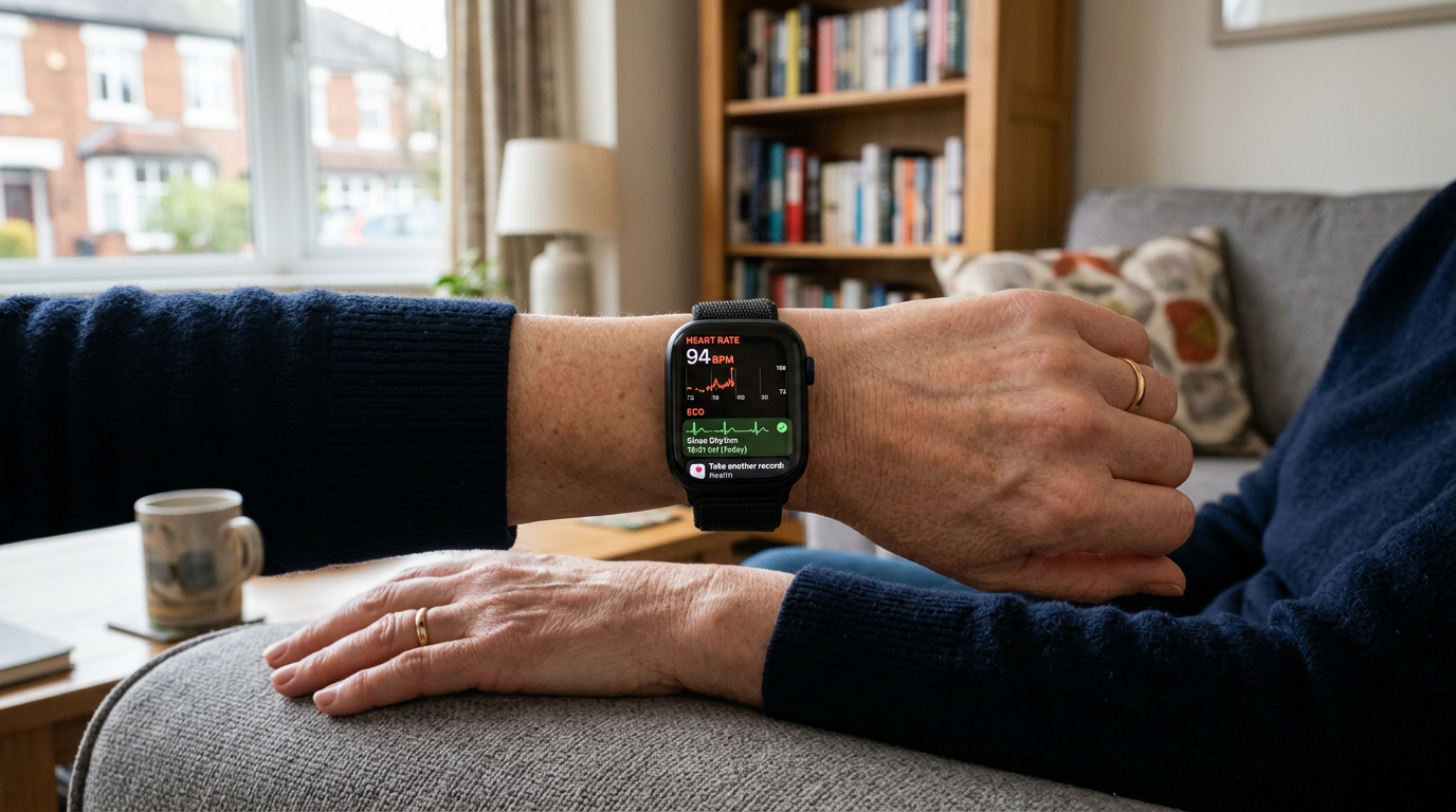 Apple Watch on a wrist showing health monitoring screen with heart rate and ECG data in a UK home setting
