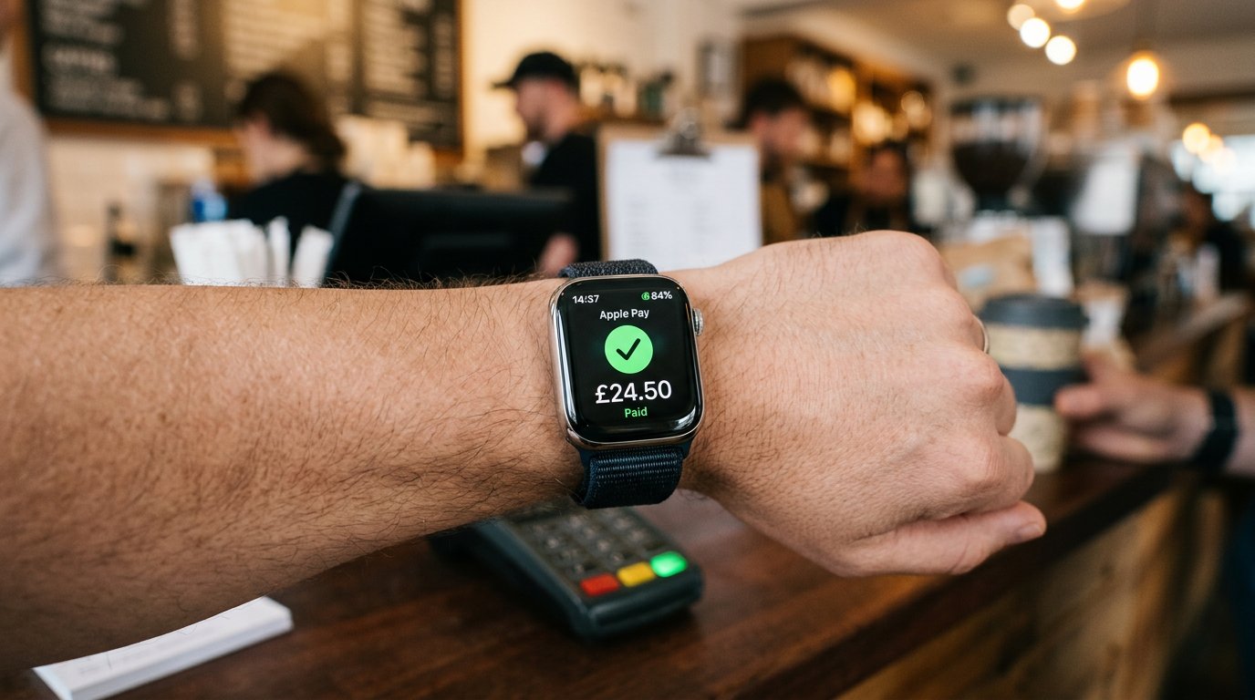 Macro of an Apple Watch screen showing the Wallet app with a debit card ready to pay