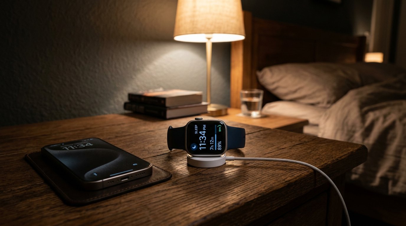 Apple Watch on a wooden bedside table on its charger with the sleep tracking face visible next to an iPhone