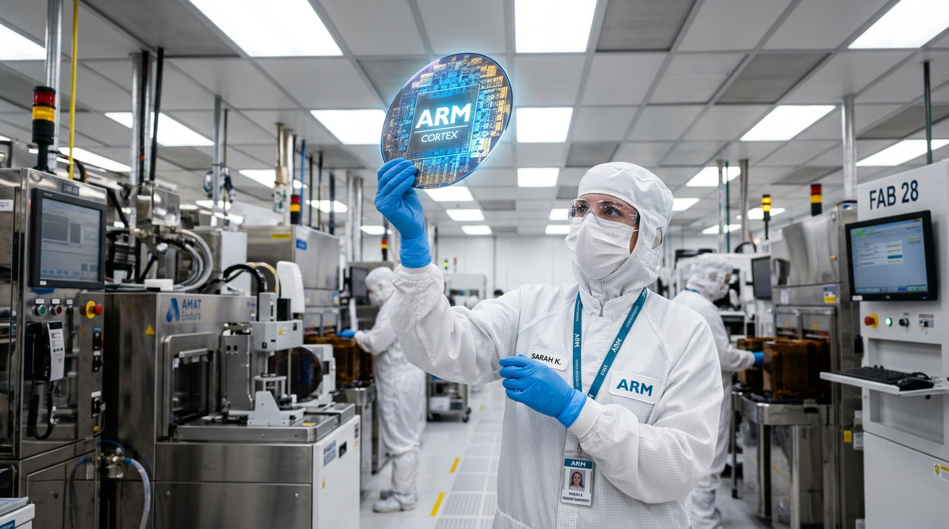 ARM cleanroom engineer in a white suit holding up a silicon wafer of the first in-house ARM chip