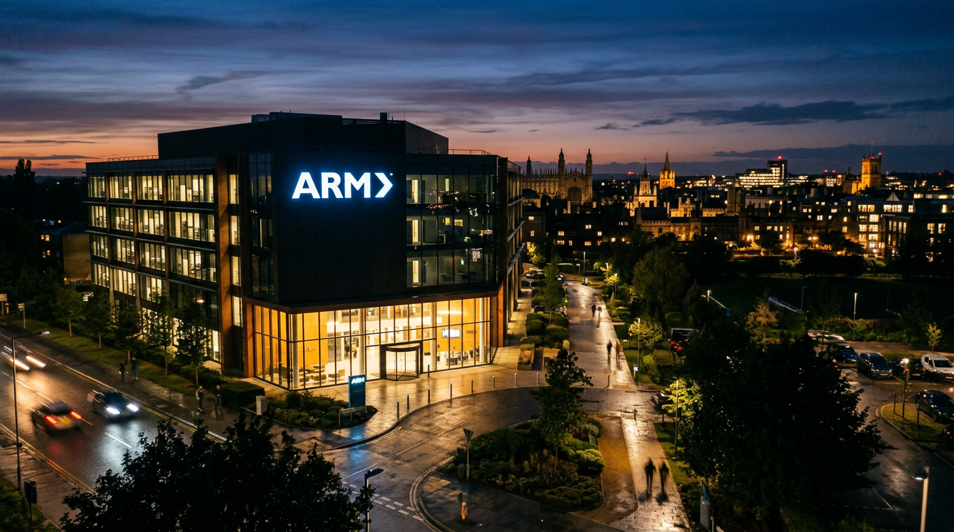 ARM headquarters building in Cambridge UK with the logo lit up at dusk and the city skyline behind it