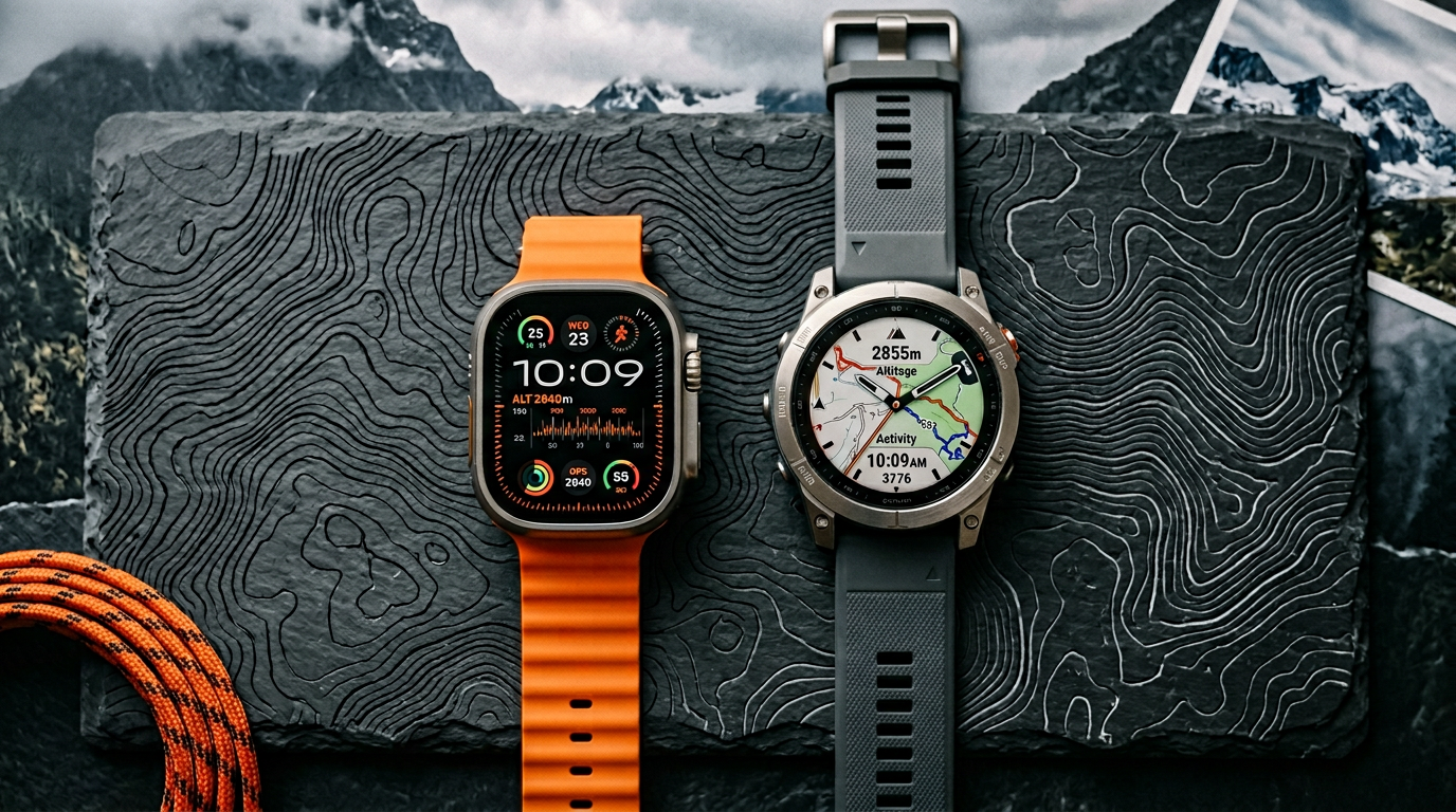 Apple Watch Ultra 3 in titanium next to Garmin Fenix 8 on a slate map background
