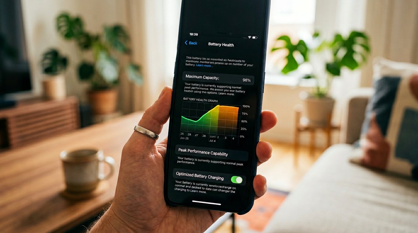 USB-C Qi2 battery health screen on a phone